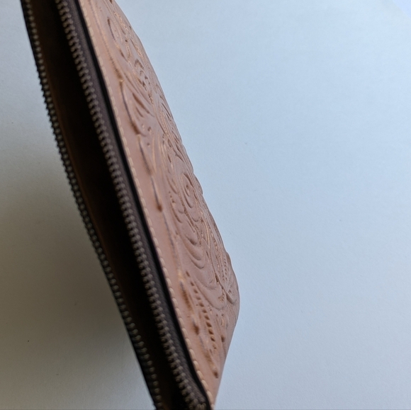 Patricia Nash Genuine Leather Embossed Floral Swirl Wristlet Clutch Bag - Brown - Picture 7 of 8